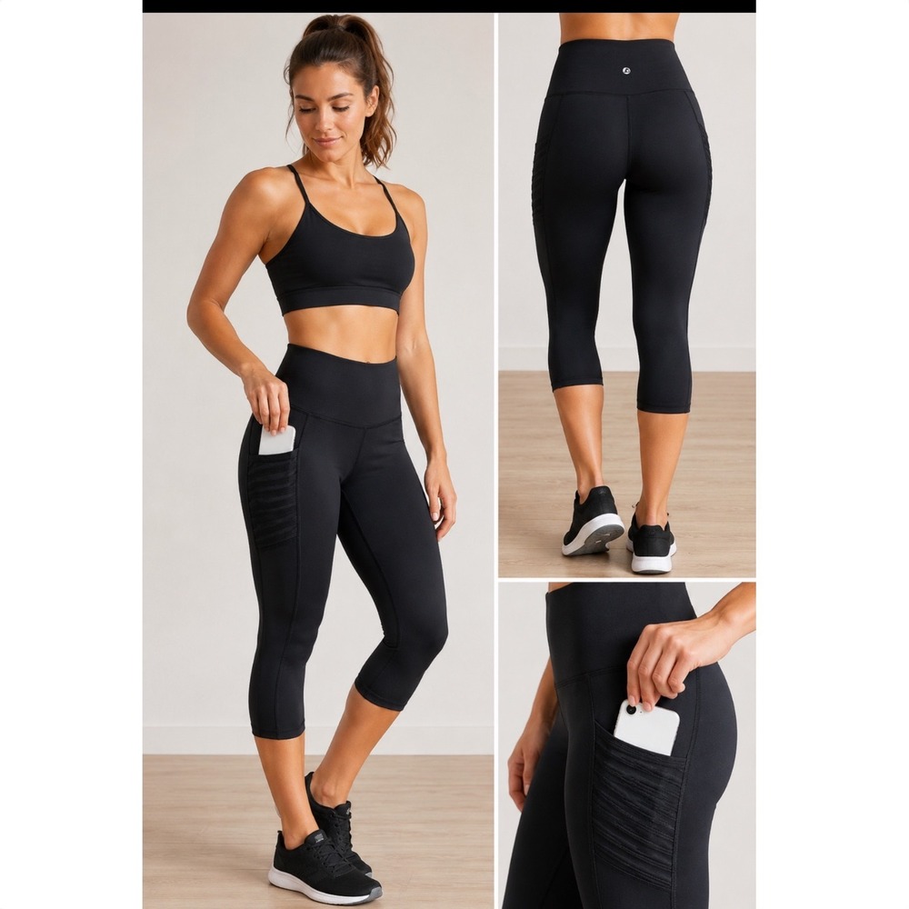 LegEnd NEW Women Black High Waisted Arrow Pocket‎ Capri Leggings Medium
